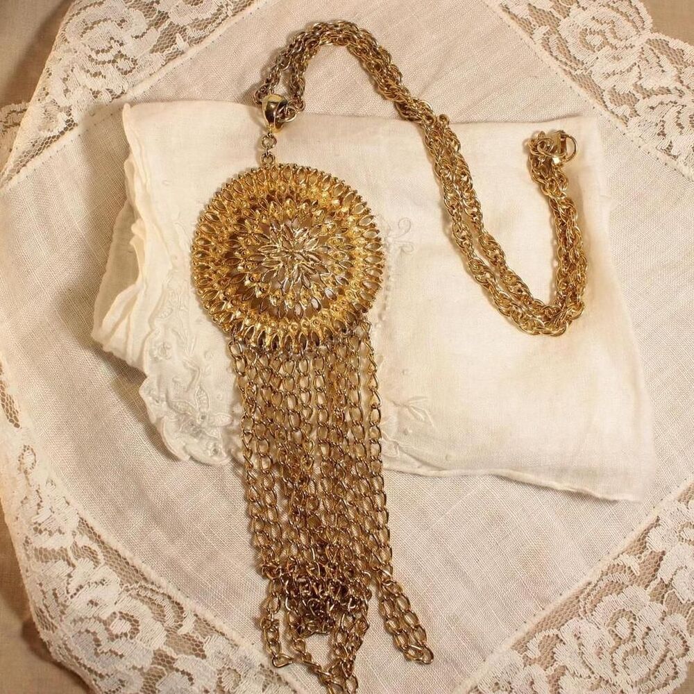 Boho Y2K Gold-Tone Statement Medallion Chandelier Pendant Necklace